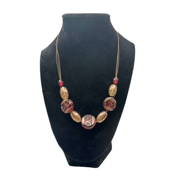 Gold and Maroon Glass Bead Necklace on Copper Wire 16 inch with 3 inch extender - Picture 1 of 3